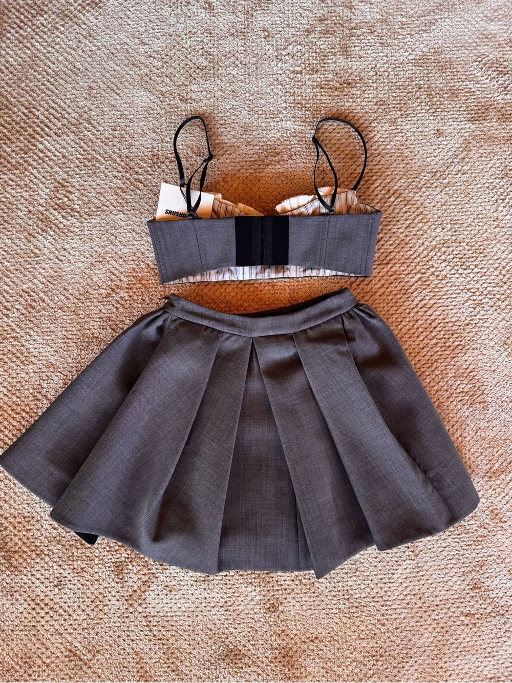 Shushu/Tong Grey Irregular Pleated Skirt & Spaghetti Strap Bralette Top - Picture 6 of 16